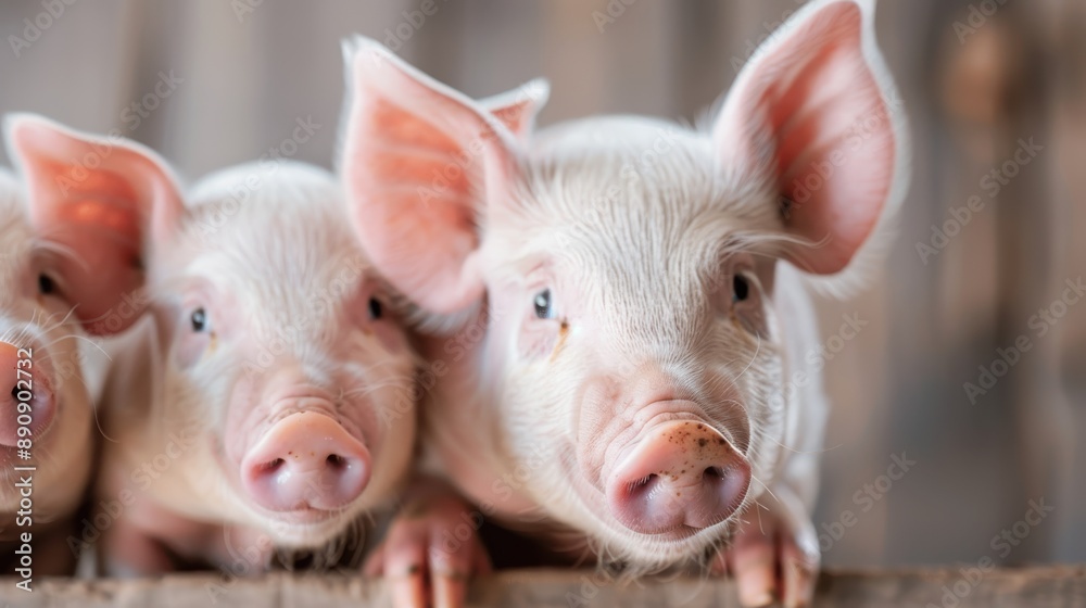 This image captures a group of white piglets in close proximity within a barn, emphasizing their social nature and the early stages of livestock raising within an agricultural environment. This image captures a group of white piglets in close proximity within a barn, emphasizing their social nature and the early stages of livestock raising within an agricultural environment.