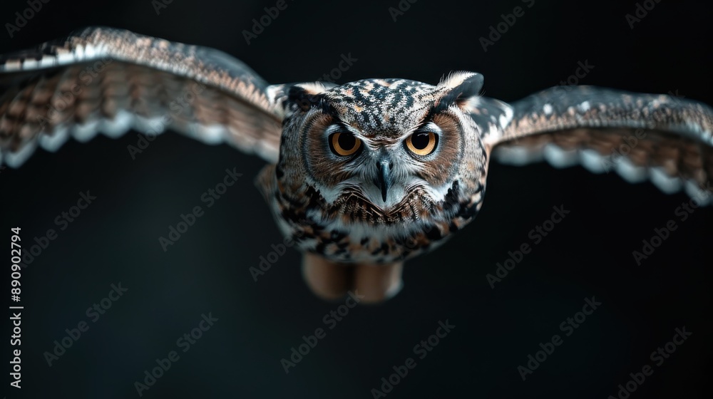 Obraz premium An owl captured in flight with its wings fully spread against a dark background, showcasing the bird's majestic features, sharp eyes, and vibrant plumage in stunning detail.