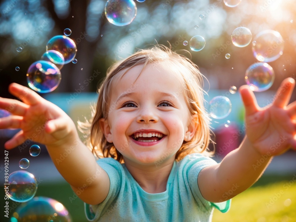 A Young Girl Reaches For Bubbles On a Sunny Day A Young Girl Reaches For Bubbles On a Sunny Day