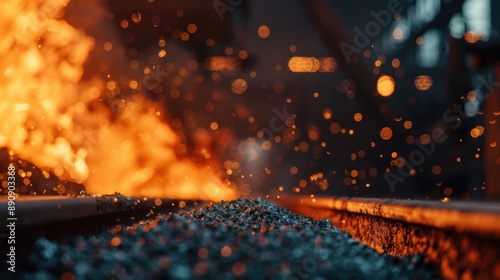 A captivating image of a blazing furnace with bright orange flames set against a dark backdrop, depicting the intense heat and power of industrial foundries and metalworking. photo