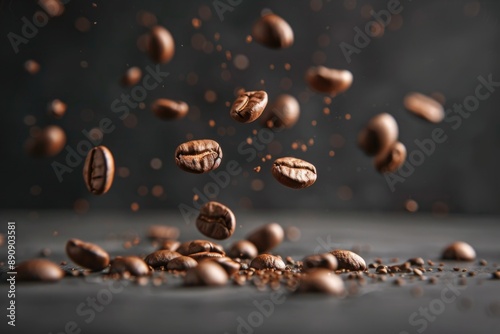 A handful of coffee beans suspended in mid-air photo