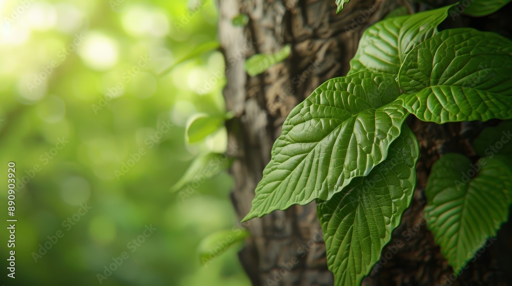 Close-up of green leaves growing on a tree trunk with a blurred green background Close-up of green leaves growing on a tree trunk with a blurred green background
