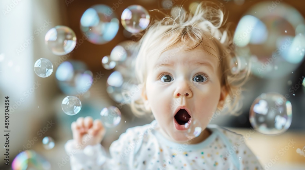 A baby with wide eyes and mouth open in excitement is surrounded by bubbles in the air, capturing the magic and pure joy of childhood wonder and playful moments. A baby with wide eyes and mouth open in excitement is surrounded by bubbles in the air, capturing the magic and pure joy of childhood wonder and playful moments.