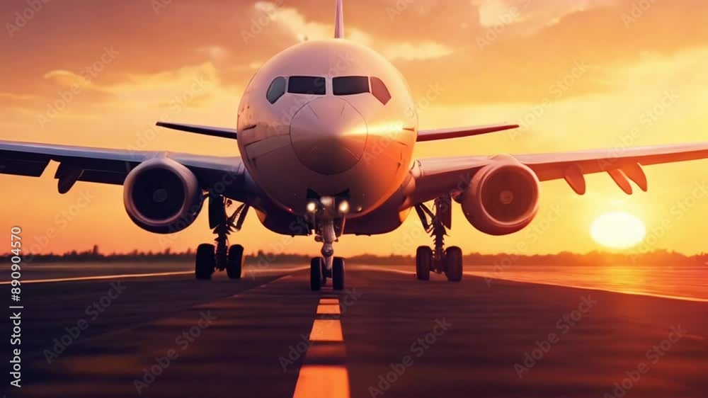 Airplane landing with sunset, in cinematic smooth looping video style. Airplane landing with sunset, in cinematic smooth looping video style.