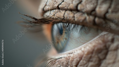 This image presents a macro shot of a human eye, highlighting the detailed texture of the wrinkled skin around it, the rich colors of the iris, and the fine eyelashes. photo