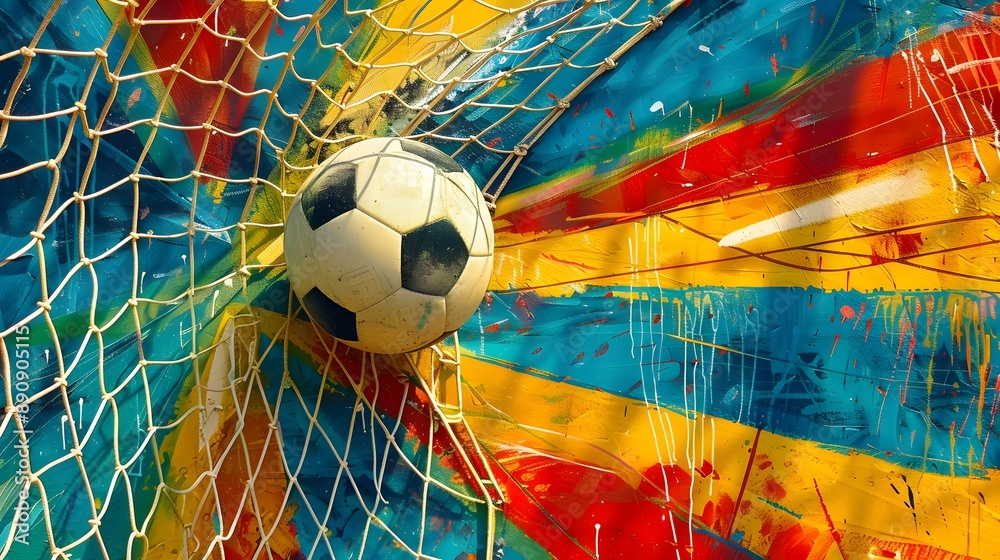 Fototapeta premium Soccer Ball in Goal. Multicolor Background. 