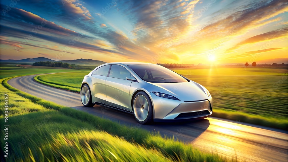 Naklejka premium Silver car driving fast on the road during sunset