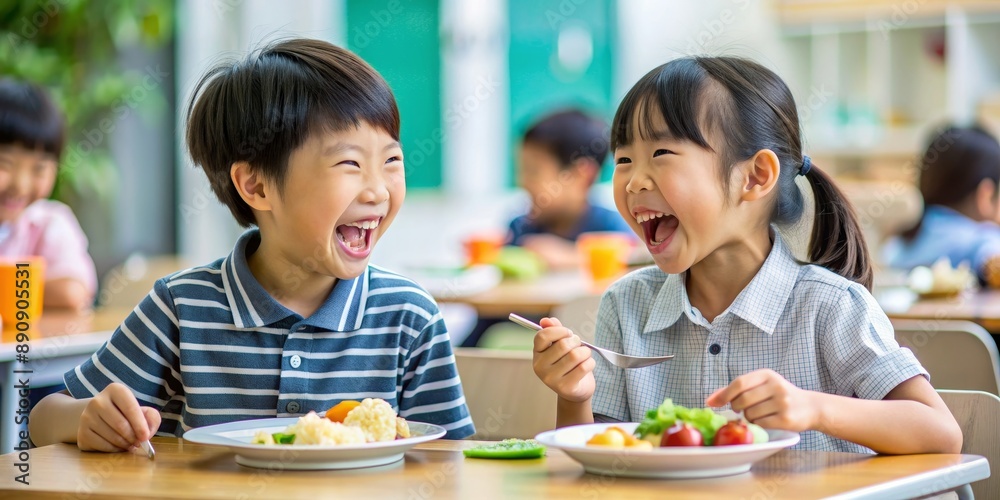 Two Asian elementary school students laughing and enjoying a meal together , childhood, friends, happiness, joyful, sharing Two Asian elementary school students laughing and enjoying a meal together , childhood, friends, happiness, joyful, sharing