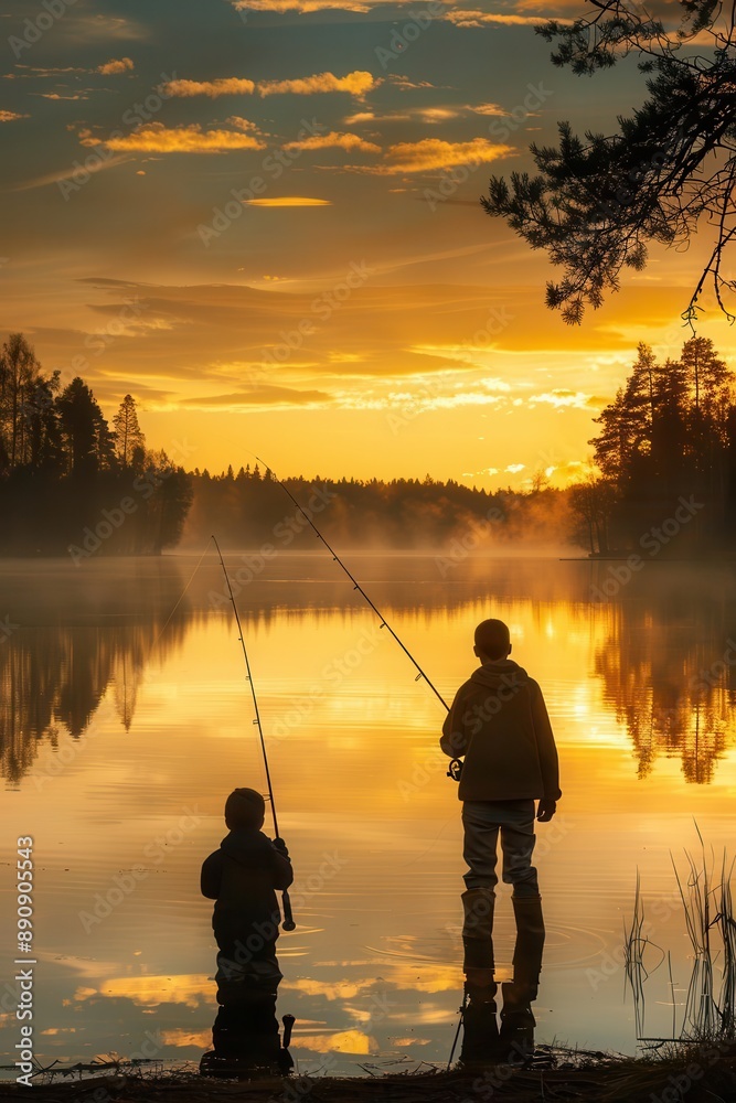 Father and son fishing at sunset on a misty lake. Silhouettes of the figures against the golden sky. Peaceful scene of bonding and recreation. Father and son fishing at sunset on a misty lake. Silhouettes of the figures against the golden sky. Peaceful scene of bonding and recreation.