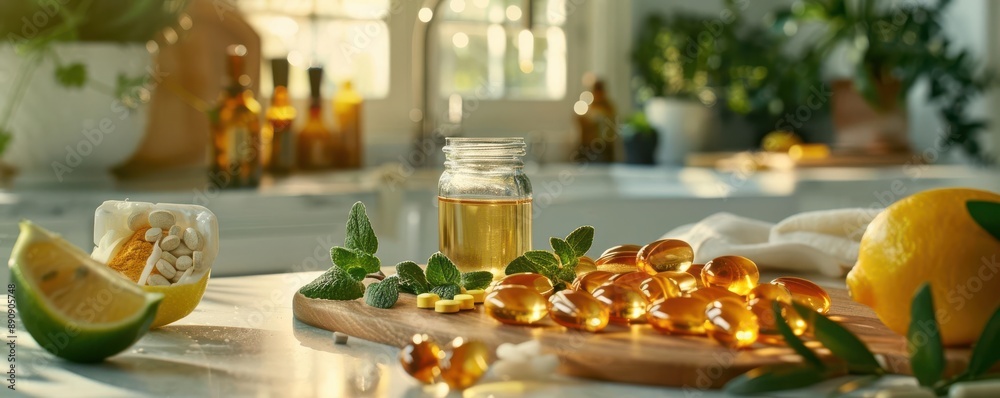 Fototapeta premium Fresh citrus fruit, herbs, and a glass of juice on a table in a sunny kitchen.
