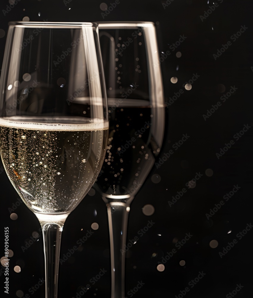 Close up of two champagne glasses with sparkling wine on black background. Elegant and festive style. Ideal for celebration and party themes. Perfect for New Year's Eve or wedding photos. AI Close up of two champagne glasses with sparkling wine on black background. Elegant and festive style. Ideal for celebration and party themes. Perfect for New Year's Eve or wedding photos. AI