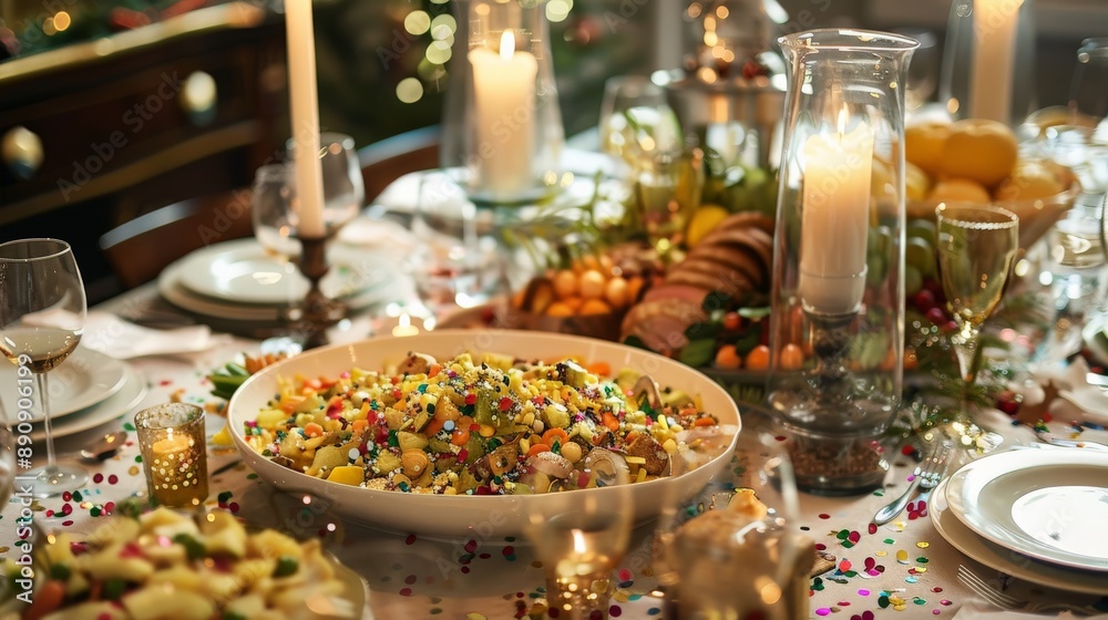 Table set for a holiday feast with confetti decorations among the dishes and candles Table set for a holiday feast with confetti decorations among the dishes and candles