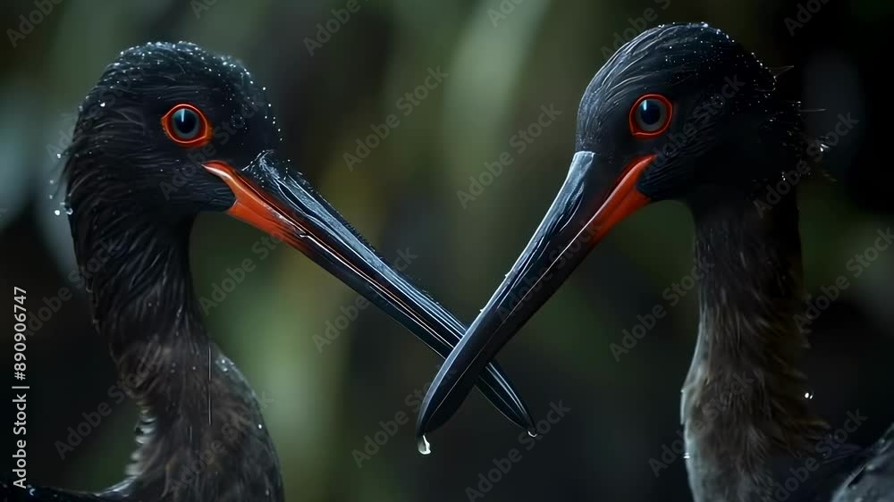 Closeup portrait of two black heron birds under the rain. Family couple, mating games. Wildlife, bird watching and ornithology. International Bird Day. Environment, animal protection concept