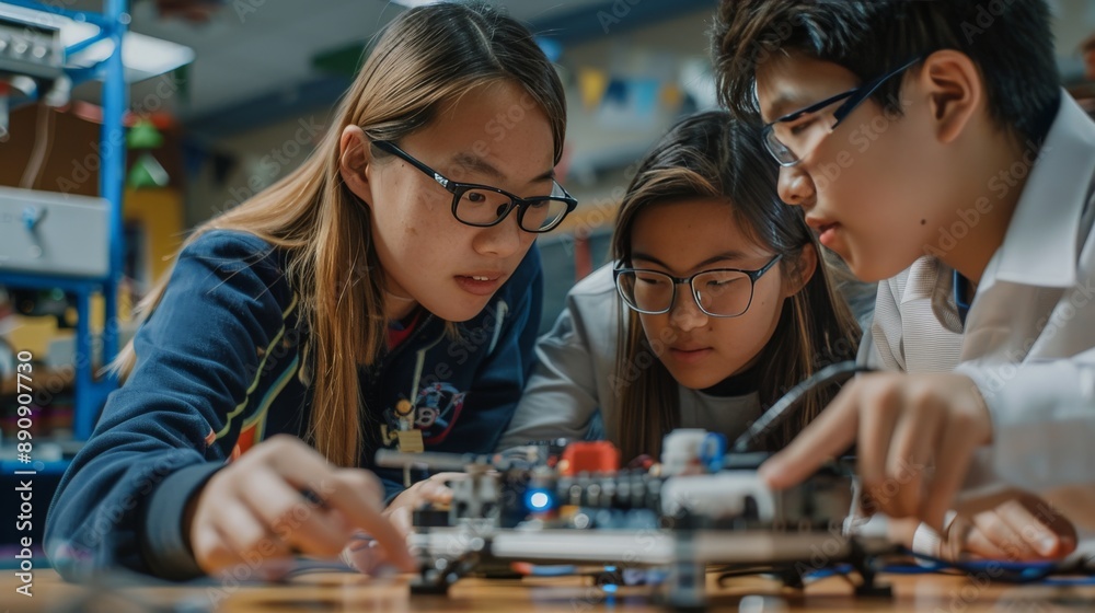 Fototapeta premium Teenage students collaborating on a robot for a science competition