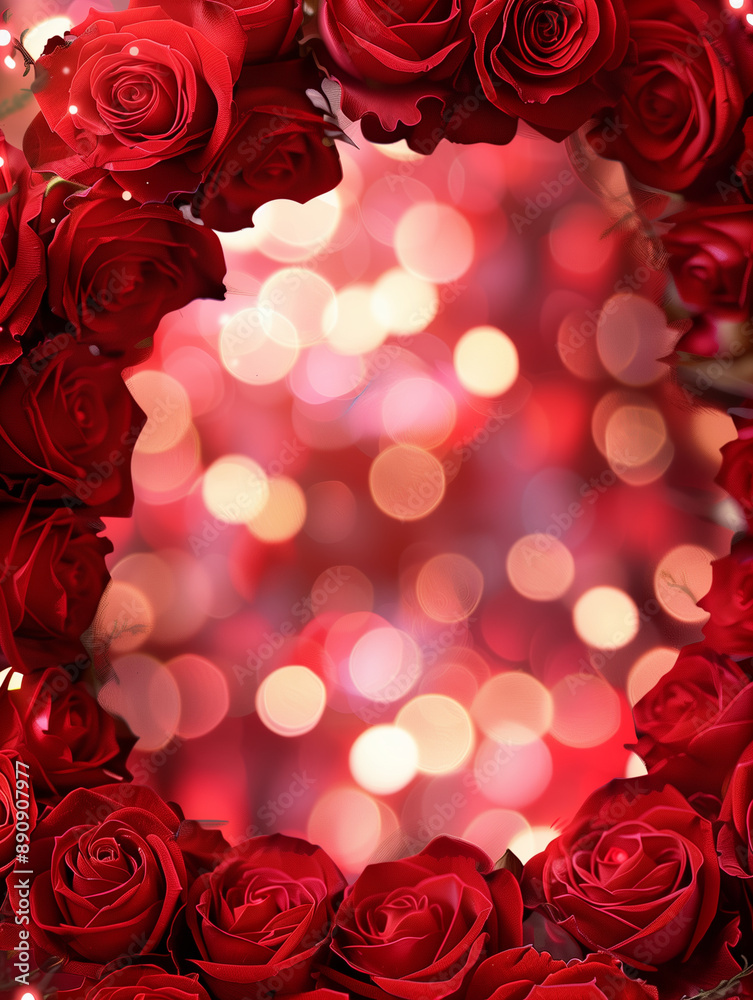 Romantic Red Rose Wreath: A captivating image featuring a lush wreath of deep red roses, creating a romantic and passionate frame against a bokeh background of warm, inviting lights. Romantic Red Rose Wreath: A captivating image featuring a lush wreath of deep red roses, creating a romantic and passionate frame against a bokeh background of warm, inviting lights.