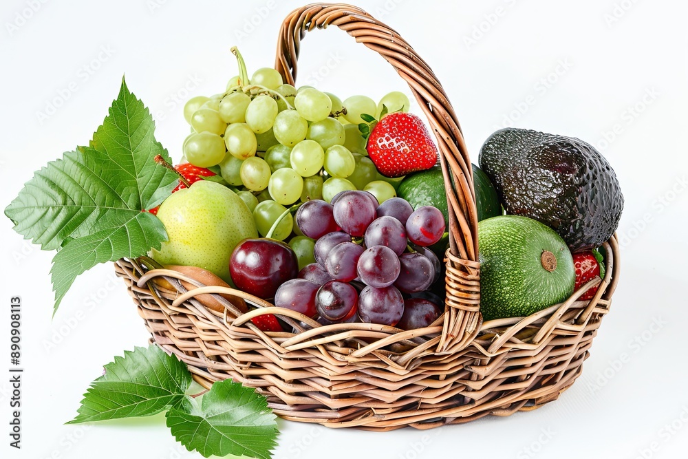 Wicker basket filled with an assortment of fresh fruits Wicker basket filled with an assortment of fresh fruits