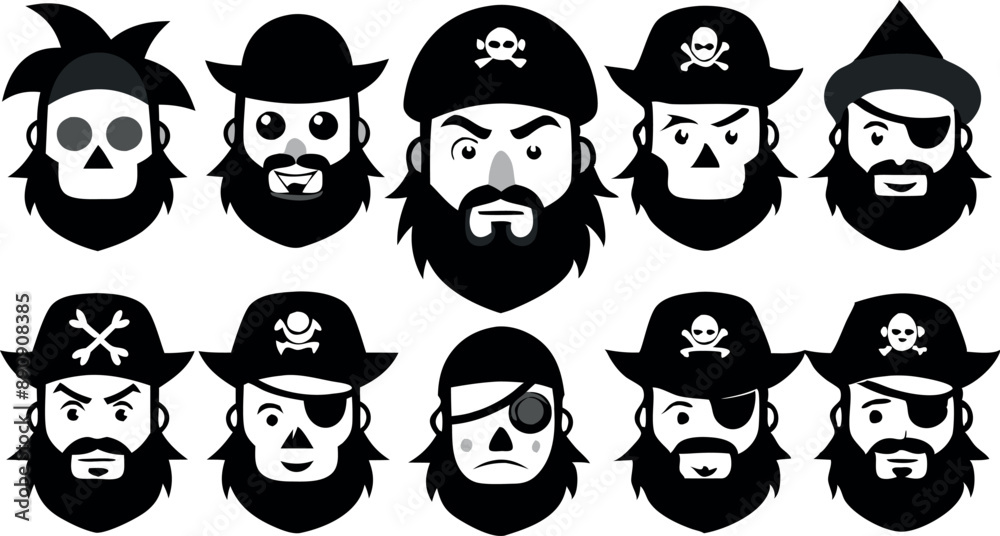 Collection of pirate icons featuring different faces with eyepatches, skulls, and distinct beard styles in black and white. Collection of pirate icons featuring different faces with eyepatches, skulls, and distinct beard styles in black and white.