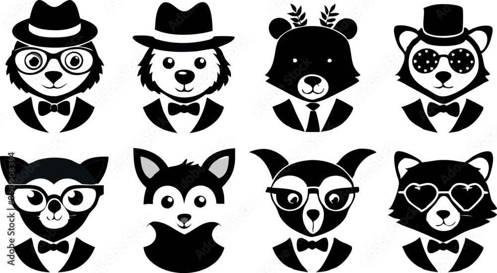 Φωτογραφία Collection of adorable animal illustrations in formal clothing, featuring glasses and hats