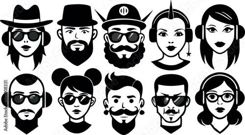 A collection of stylized black and white avatars depicting diverse individuals with unique accessories and hairstyles, perfect for profile icons, illustrations, and creative design.