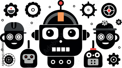 Adorable cartoon robot faces surrounded by gears and mechanical elements, creating a playful and whimsical design.