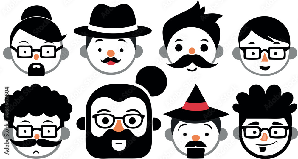 Illustration of eight diverse cartoon faces showcasing different hairstyles, glasses, and mustaches. Ideal for avatars, social media icons, and character design. Illustration of eight diverse cartoon faces showcasing different hairstyles, glasses, and mustaches. Ideal for avatars, social media icons, and character design.