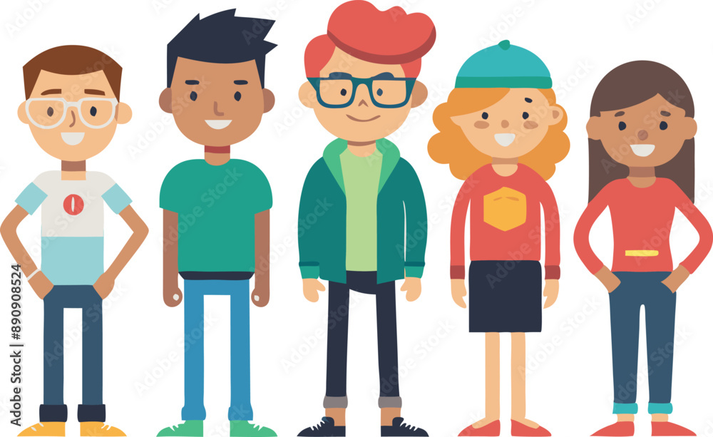 Fototapeta premium Illustration of five diverse cartoon students standing in a row, representing friendship and unity. Perfect for educational themes and community concepts.