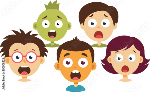 Colorful vector illustration showcasing a group of children with surprised facial expressions, depicting various emotions and reactions.
