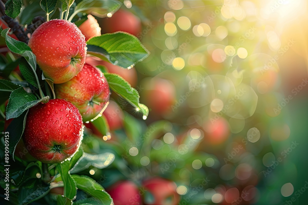 Obraz premium Red Apples Glisten with Dew on a Sunny Day