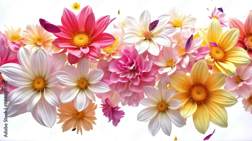 Colorful Flowers Floating on White Background: Dahlias, Gerbera Daisies, and Peonies Create a Springtime Celebration. Ideal for Beauty, Fashion, and Design Projects. Colorful Flowers Floating on White Background: Dahlias, Gerbera Daisies, and Peonies Create a Springtime Celebration. Ideal for Beauty, Fashion, and Design Projects.