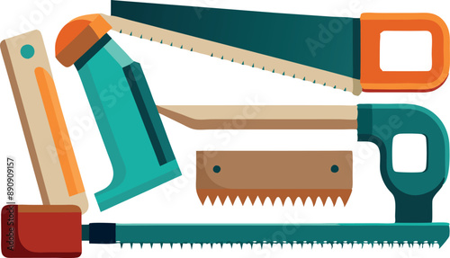 Illustration of different hand tools like saws and hammers arranged together. Great for DIY, woodworking, carpentry, and construction-themed projects.