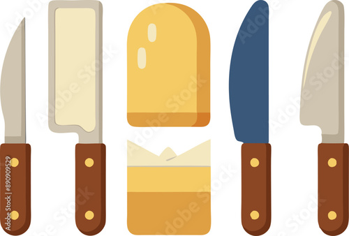 Illustration of various cheese knives and a piece of cheese. Perfect for culinary themes, kitchen tools, and food-related designs.
