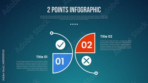 2 or two point template comparison versus things in infographic with creative outline half circle with modern dark style for slide presentation