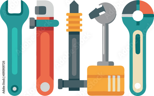 Illustration of colorful tools such as a wrench and hammer isolated on a white background, ideal for construction or repair concepts.