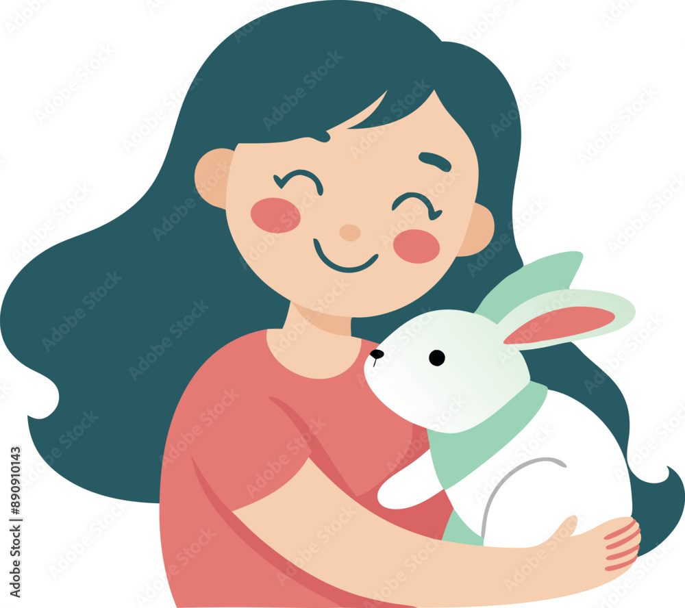 Adorable illustration of a smiling girl hugging a white bunny rabbit, showcasing love, friendship, and happiness. Adorable illustration of a smiling girl hugging a white bunny rabbit, showcasing love, friendship, and happiness.