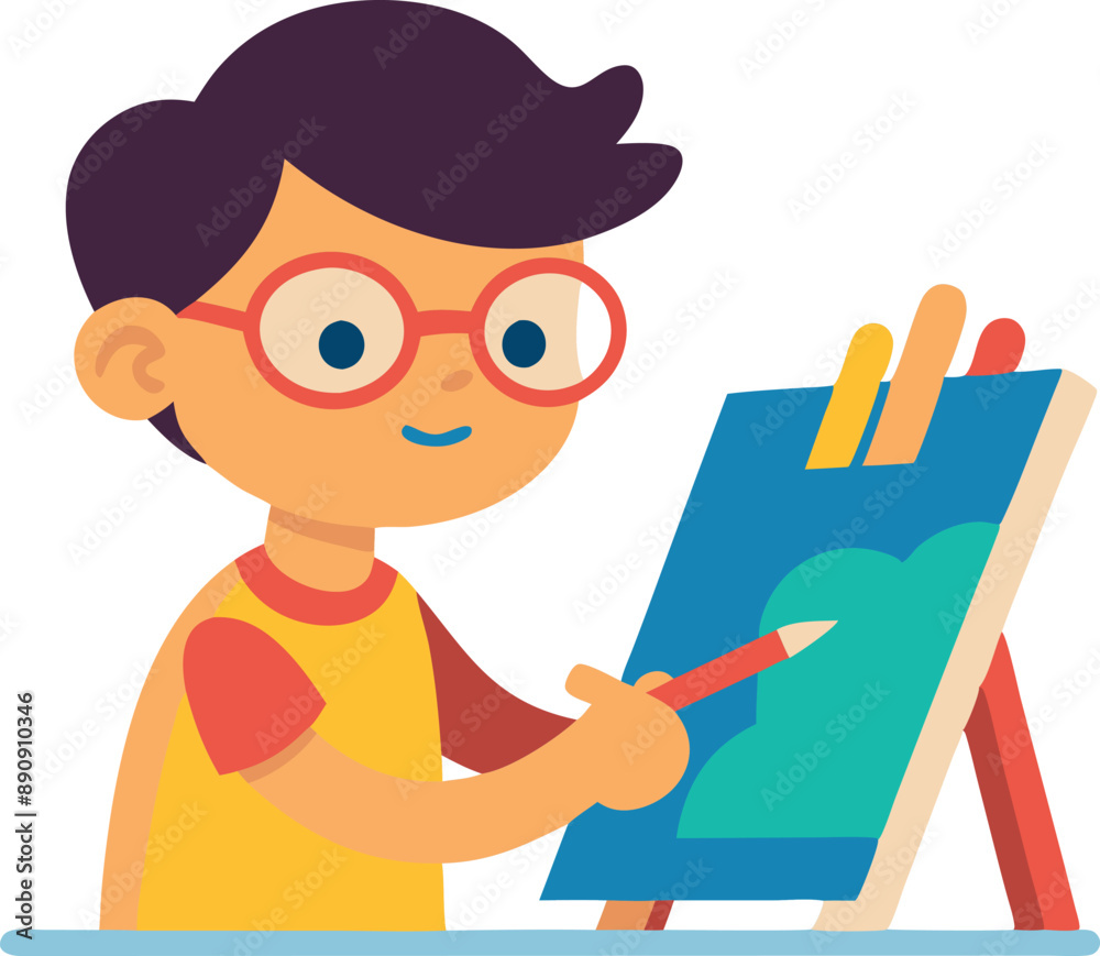Happy child drawing a colorful picture on an easel. Creative and fun artistic activity for kids.