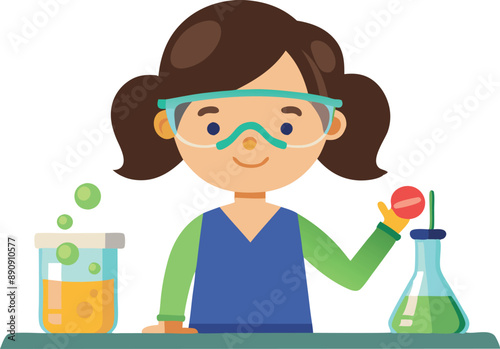 Illustration of a young girl wearing goggles and conducting a science experiment with beakers in a laboratory setting.