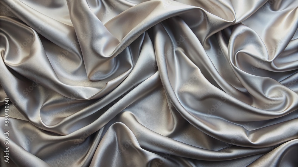 Luxurious closeup of rippled silver silk fabric texture displaying intricate folds and subtle sheen, ideal background for fashion, luxury, or elegance themed designs. Luxurious closeup of rippled silver silk fabric texture displaying intricate folds and subtle sheen, ideal background for fashion, luxury, or elegance themed designs.