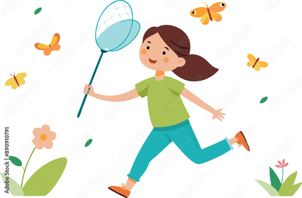 Illustration of a happy girl running and chasing butterflies with a net in a garden setting. Illustration of a happy girl running and chasing butterflies with a net in a garden setting.