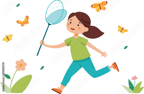 Illustration of a happy girl running and chasing butterflies with a net in a garden setting.