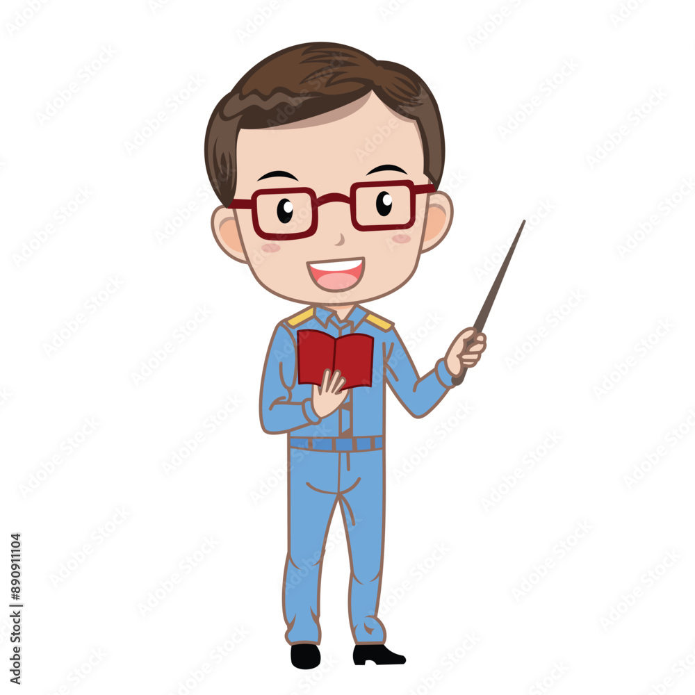 Teacher with book and pointer on white background. Teacher cartoon illustration of work, the profession of a teacher. Suitable for use in designing job introductions for children Teacher with book and pointer on white background. Teacher cartoon illustration of work, the profession of a teacher. Suitable for use in designing job introductions for children