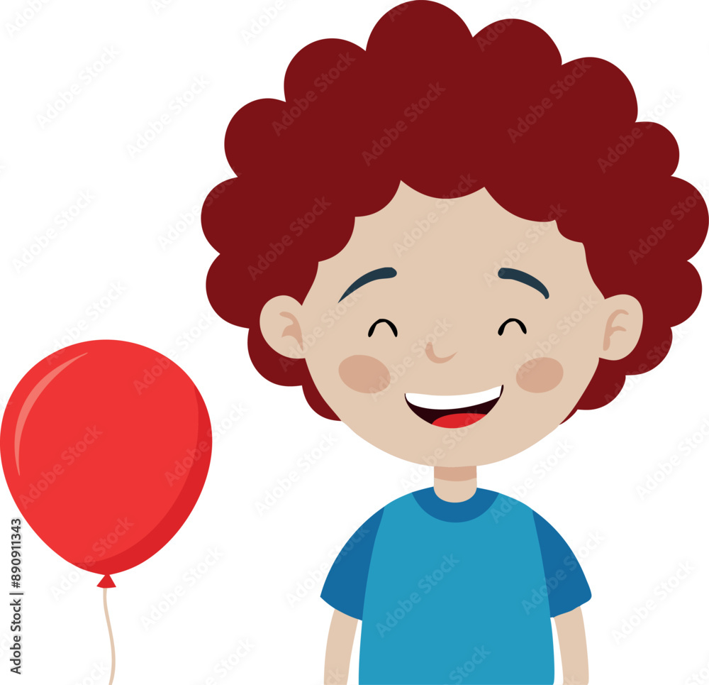 Illustration of a happy cartoon boy with curly hair and a red balloon, smiling and cheerful character. Illustration of a happy cartoon boy with curly hair and a red balloon, smiling and cheerful character.