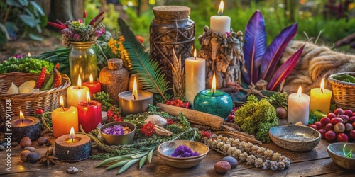 Vibrant colourful traditional healer's altar with candles, stones, feathers, and sacred plants arranged for spiritual ritual and mystical energy healing practices.