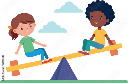 Colorful illustration of two happy children on a seesaw in a playground, enjoying their time outdoors with a clear sky.