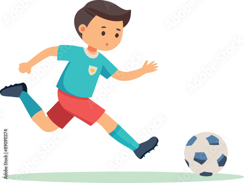 An illustration of a boy playing soccer. Evoking youthful energy, ambition, and activity. Suitable for sports and children's activity content.