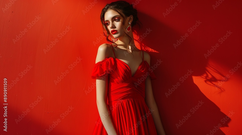 A model wears a stunning off-shoulder red dress, posing against a bright red backdrop. The lighting and composition highlight her elegant and poised figure in stylish posture. A model wears a stunning off-shoulder red dress, posing against a bright red backdrop. The lighting and composition highlight her elegant and poised figure in stylish posture.