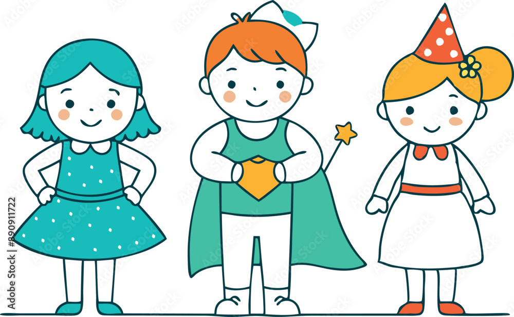 Colorful illustration of three children dressed in costumes, showcasing happy and playful expressions. Perfect for themes of childhood, imagination, and friendship. Colorful illustration of three children dressed in costumes, showcasing happy and playful expressions. Perfect for themes of childhood, imagination, and friendship.