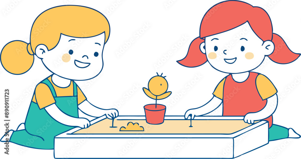 Two smiling children having fun while playing with a sand table and toy plant, illustrating friendship and creativity Two smiling children having fun while playing with a sand table and toy plant, illustrating friendship and creativity