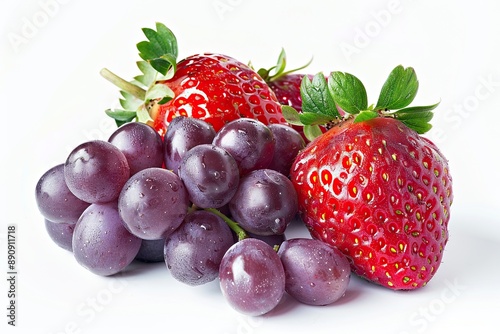 A cluster of ripe red strawberries and purple grapes with dew drops on a white background © Herlita