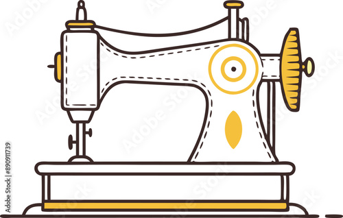 Hand-drawn retro illustration of an iconic vintage sewing machine in bold lines and yellow highlights on a white background.