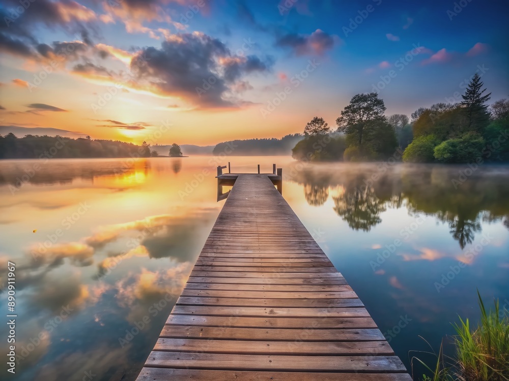Naklejka premium Serene wooden pier extending into calm lake at dawn. Misty horizon and pastel sky reflect on tranquil water. Peaceful nature scene for meditation and relaxation.